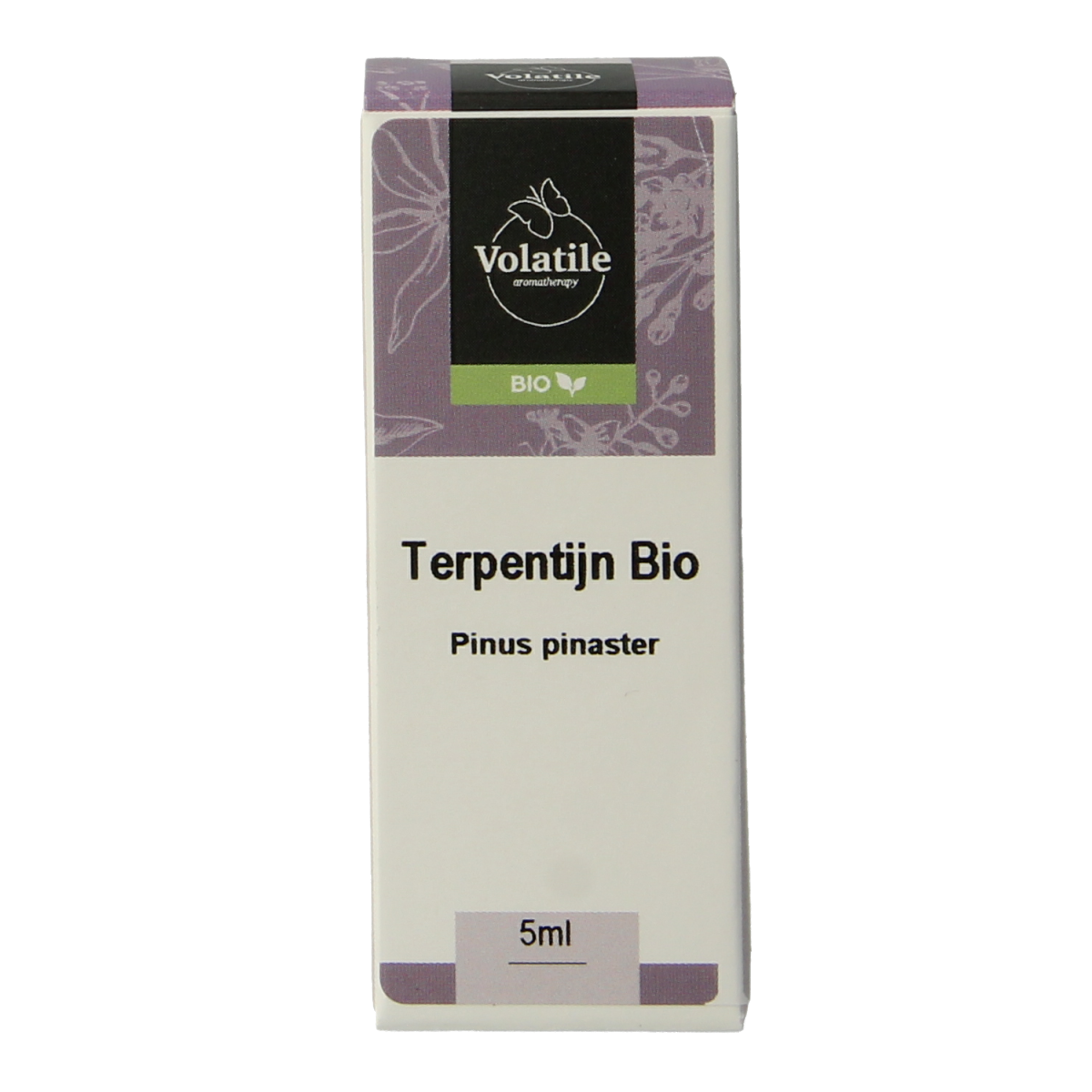 Volatile bio terpentine essential oil in a 5ml bottle, natural etherische oliën with amber-colored liquid inside.