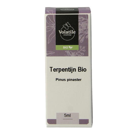 Volatile bio terpentine essential oil in a 5ml bottle, natural etherische oliën with amber-colored liquid inside.