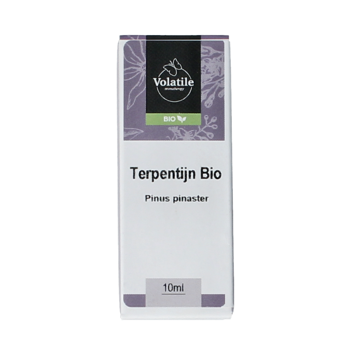 Volatile Terpentijn bio essential oil in 10ml bottle, natural etherische olie with a clear label and dropper cap.