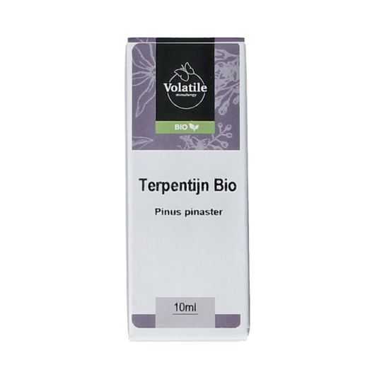 Volatile Terpentijn bio essential oil in 10ml bottle, natural etherische olie with a clear label and dropper cap.