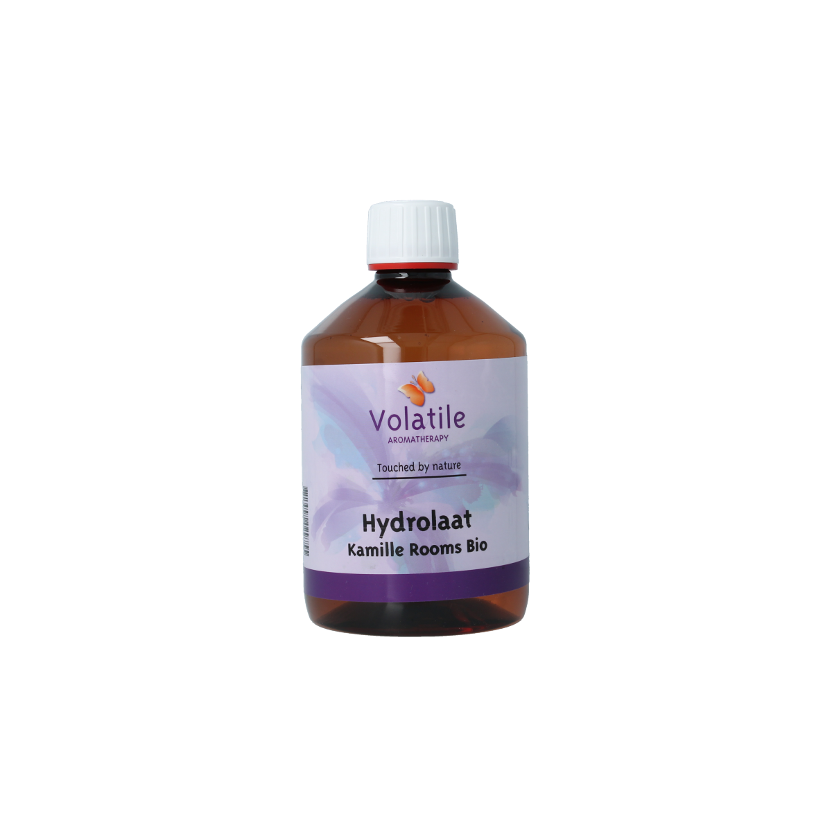 Volatile Kamille rooms hydrolaat in 500ml bottle, showcasing the clear floral-scented water used in aromatherapy.
