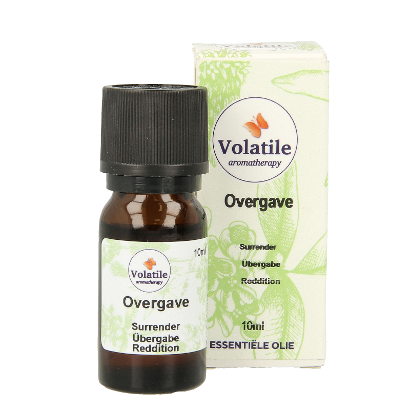 Volatile Overgave 10ml essential oil bottle, clear glass with white cap, labeled as part of Volatile's aromatic essential oils collection.
