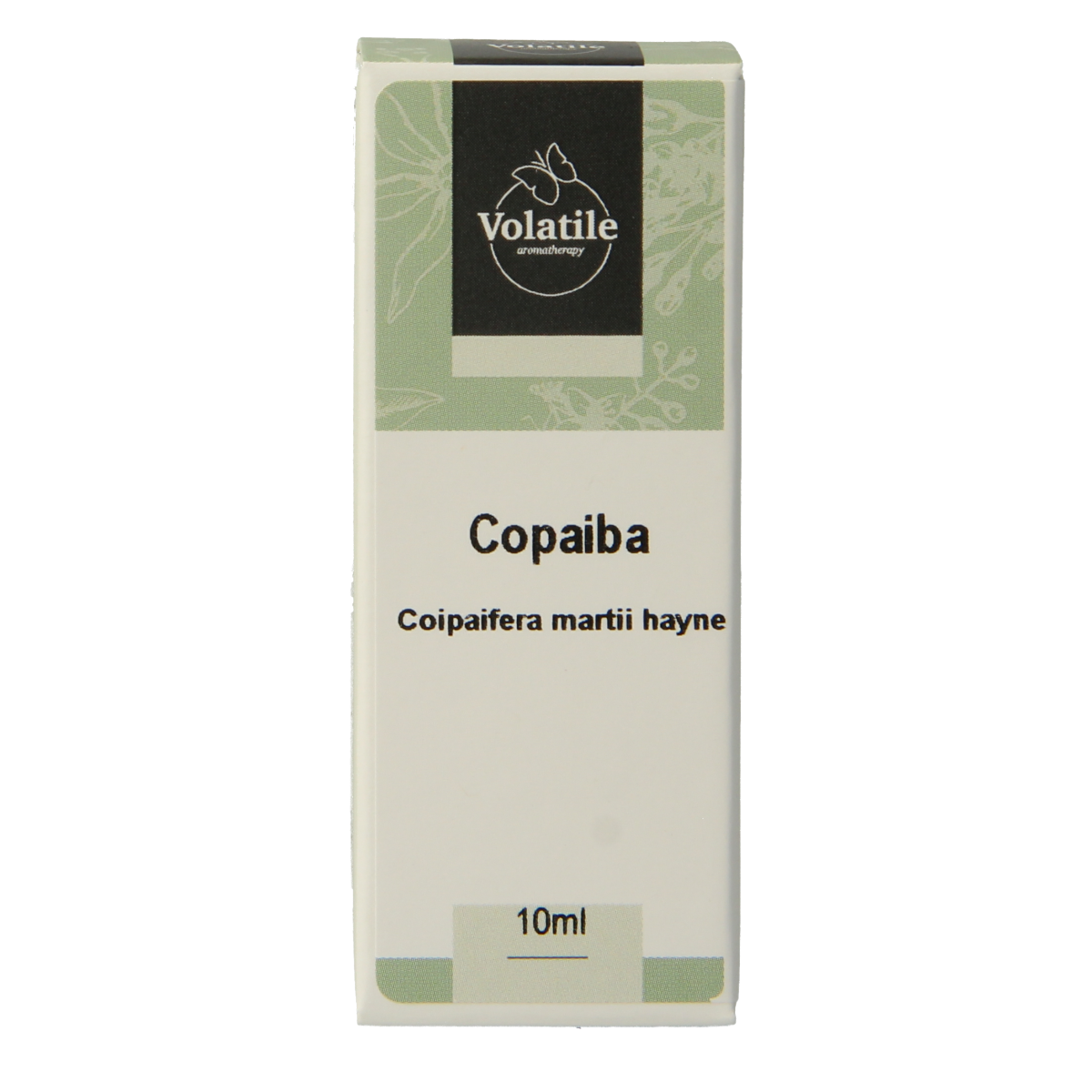 Volatile Copaiba essential oil bottle, 10ml, in clear glass with label, showing the natural product for aromatherapy use.