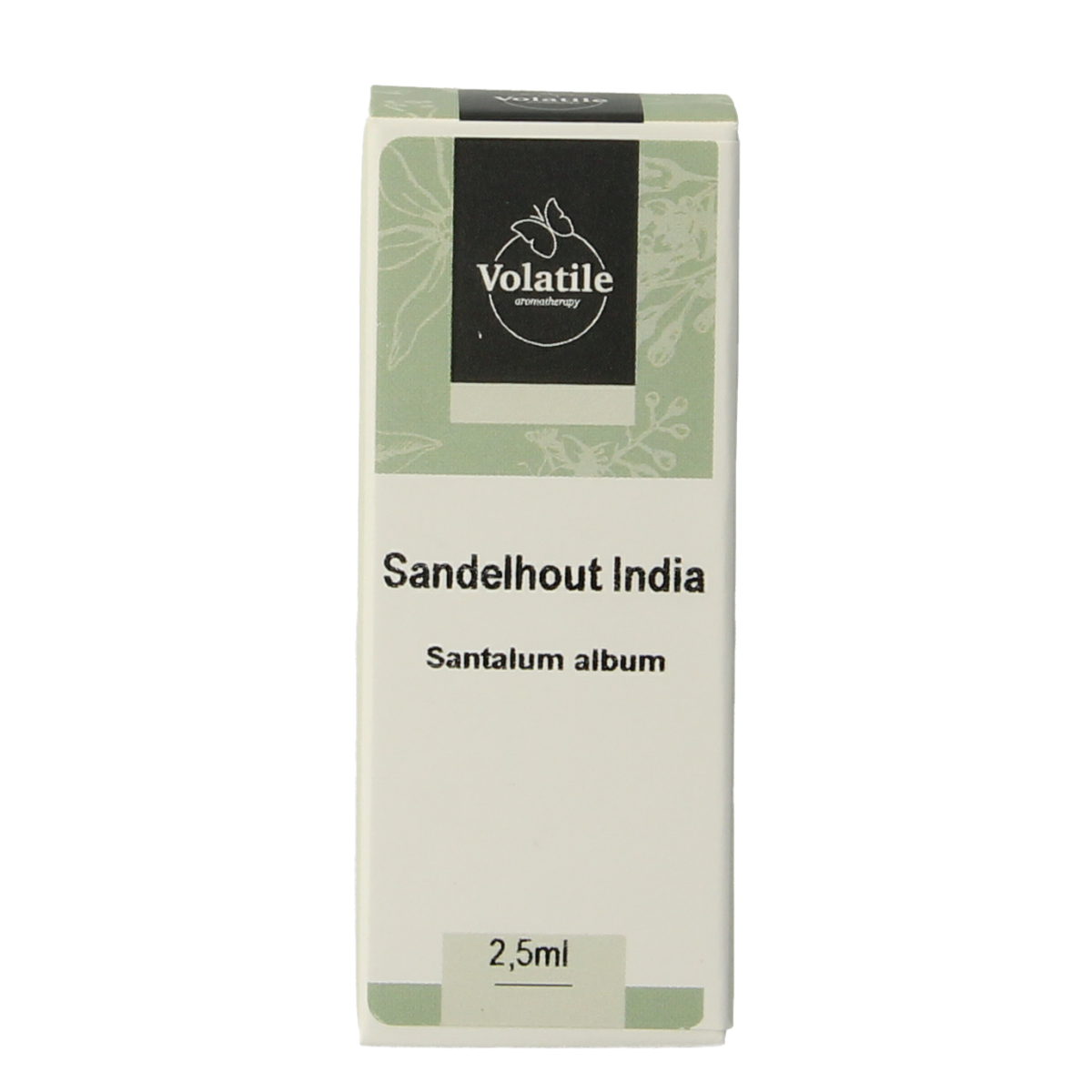 Volatile Sandelhout India essential oil bottle with 2.50ml capacity, featuring a clear glass container and natural aroma.