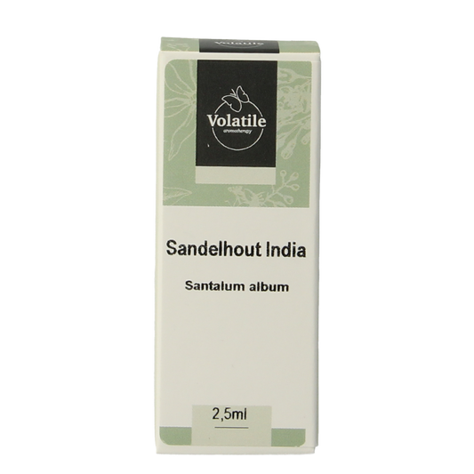 Volatile Sandelhout India essential oil bottle with 2.50ml capacity, featuring a clear glass container and natural aroma.