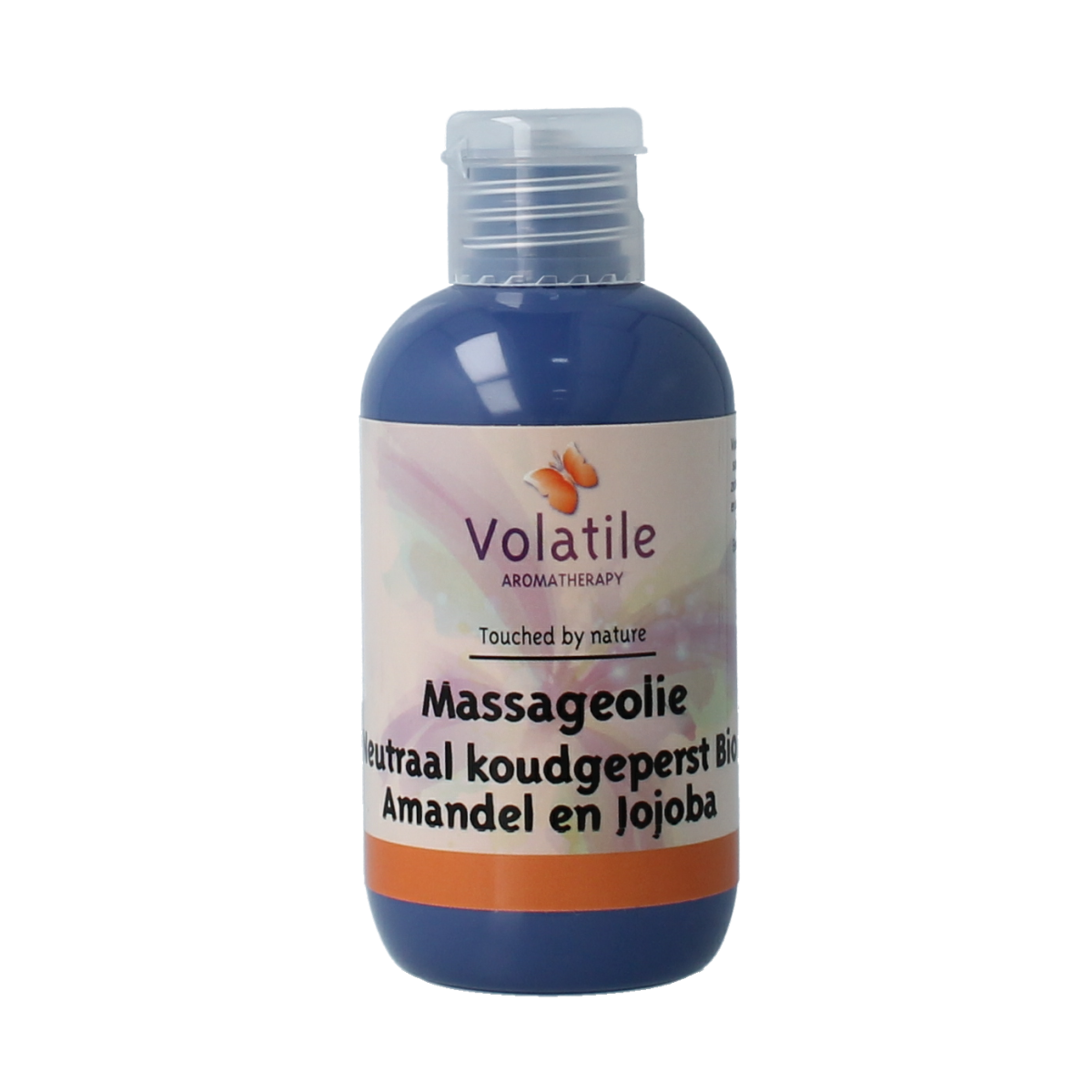 Volatile neutraal cold-pressed massage oil in a 100ml bottle, natural body care product with a clear label and pump dispenser.