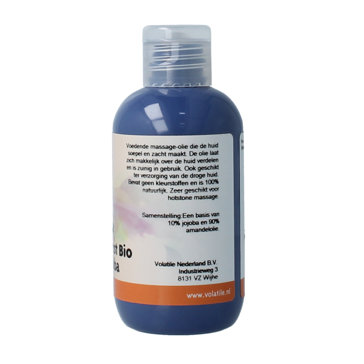 Volatile neutraal cold-pressed massage oil in 100ml bottle, natural body care product with a clear label and cap.