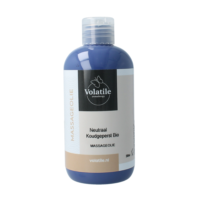 Volatile neutraal koud massageolie in 250ml bottle, natural body care product with clear liquid and label details.