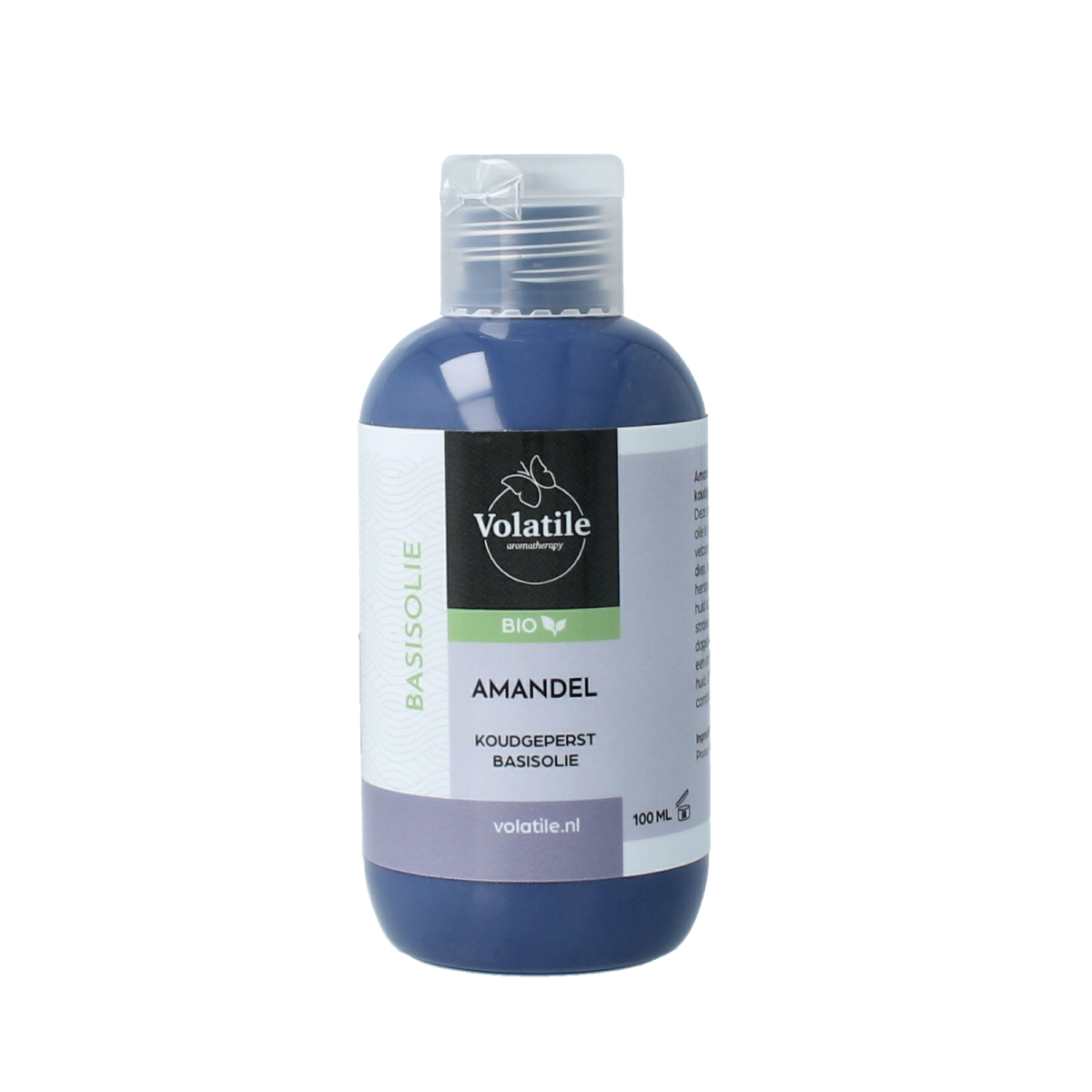 Volatile koud geperste amandelolie in 100ml bottle, natural body care product with a clear label and golden oil inside.