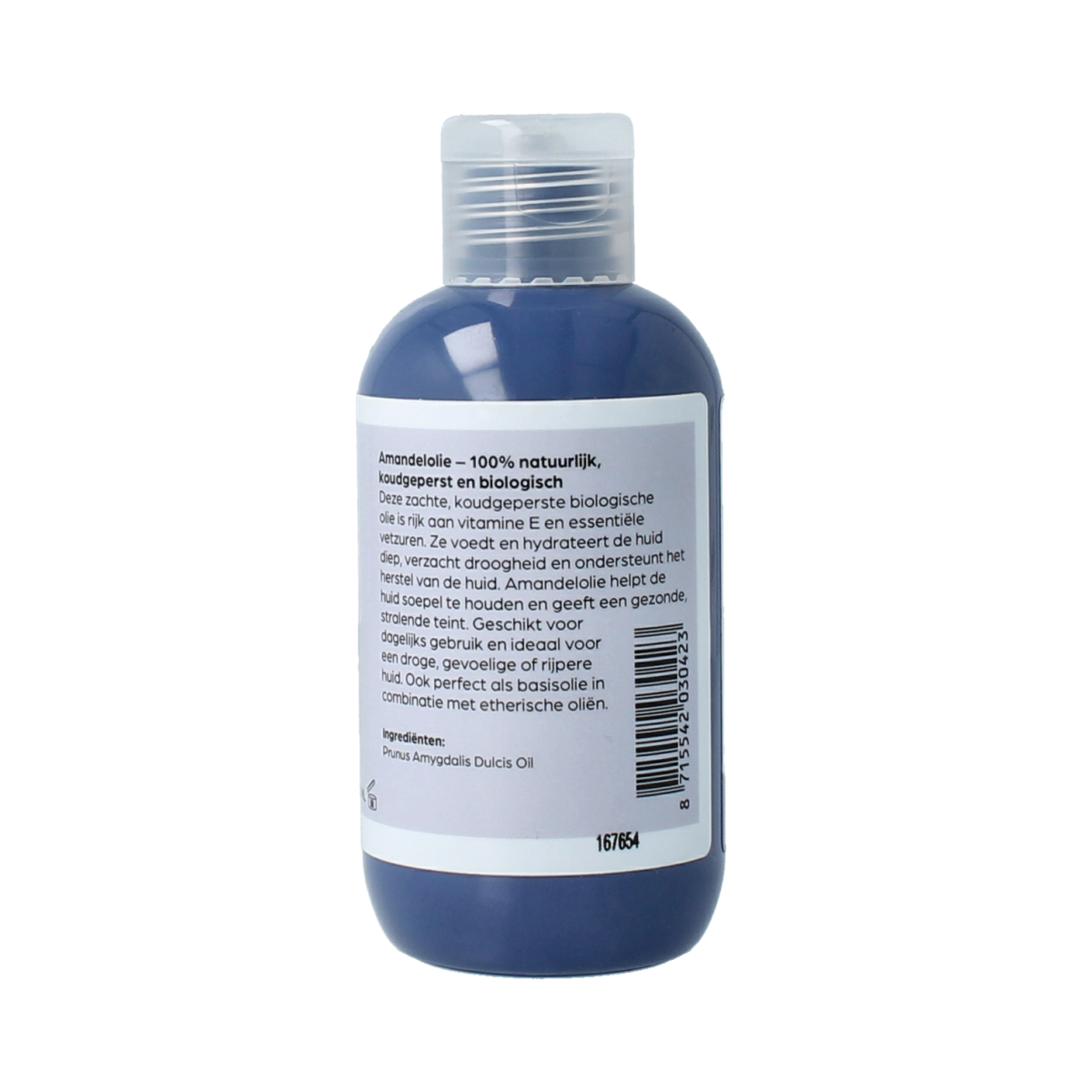 Volatile cold-pressed almond oil bottle for body care, 100ml, with label showing product and brand details.