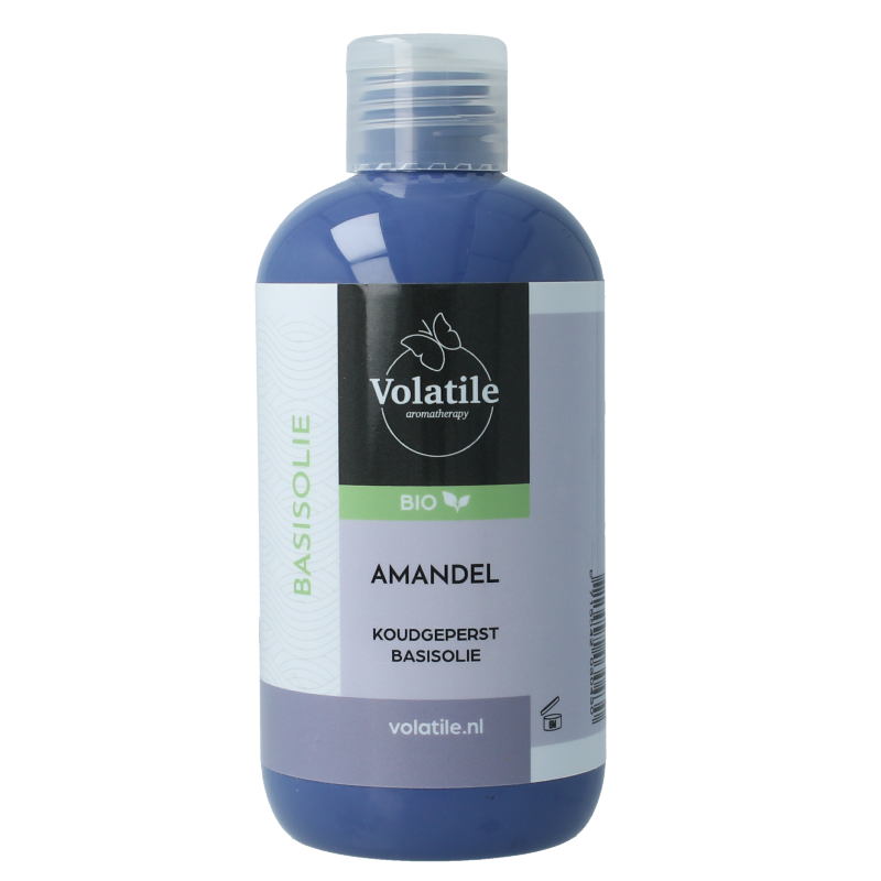 Volatile Amandelolie koud geperst bio, 250ml, natuurlijke lichaamsverzorging met amandelolie op een witte achtergrond.