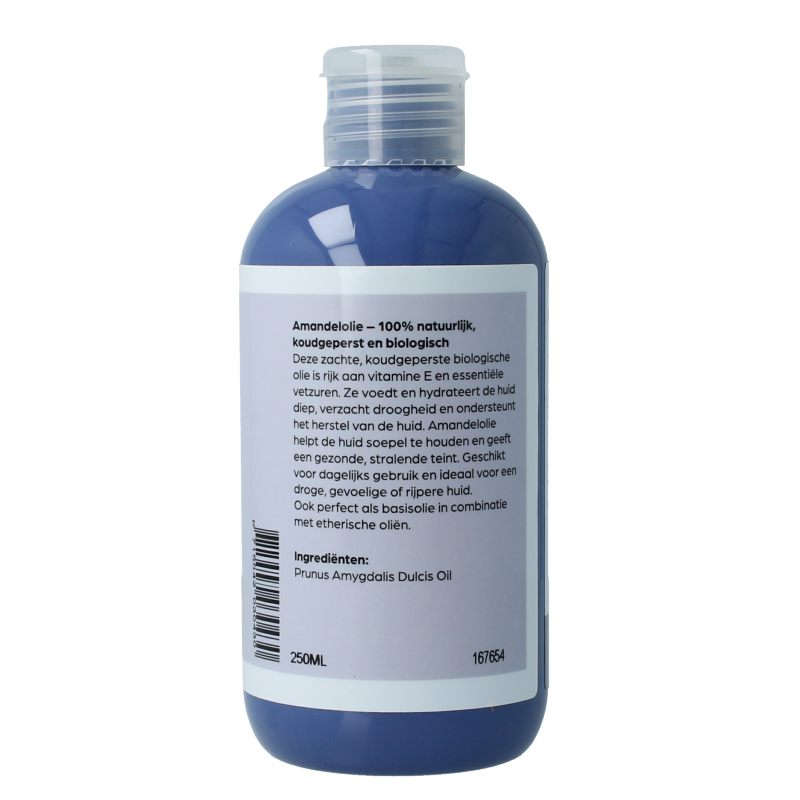 Volatile koudgeperste biologische amandelolie voor lichaamsverzorging in 250 ml fles, puur en natuurlijk.