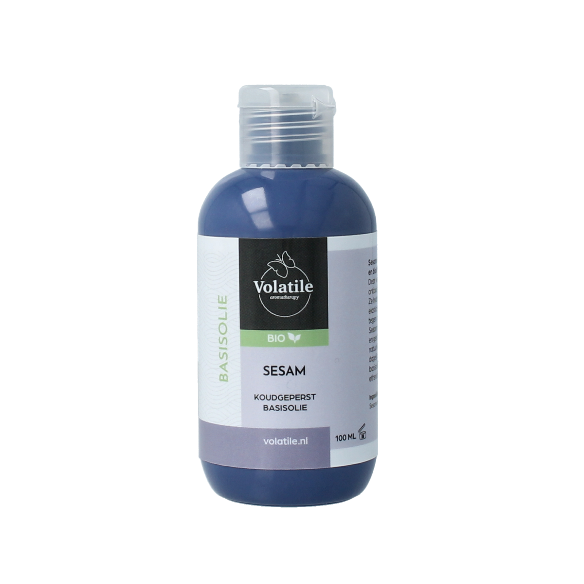 Volatile Sesam koud geperst lichaamsverzorging fles met 100 ml inhoud, close-up van de productverpakking.