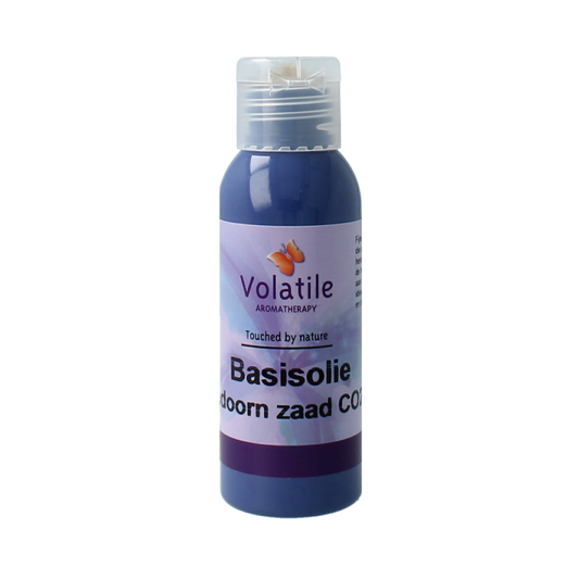 Volatile Duindoorn seed EO in a 50ml bottle, natural essential oil with orange-colored liquid, for aromatherapy and skincare.