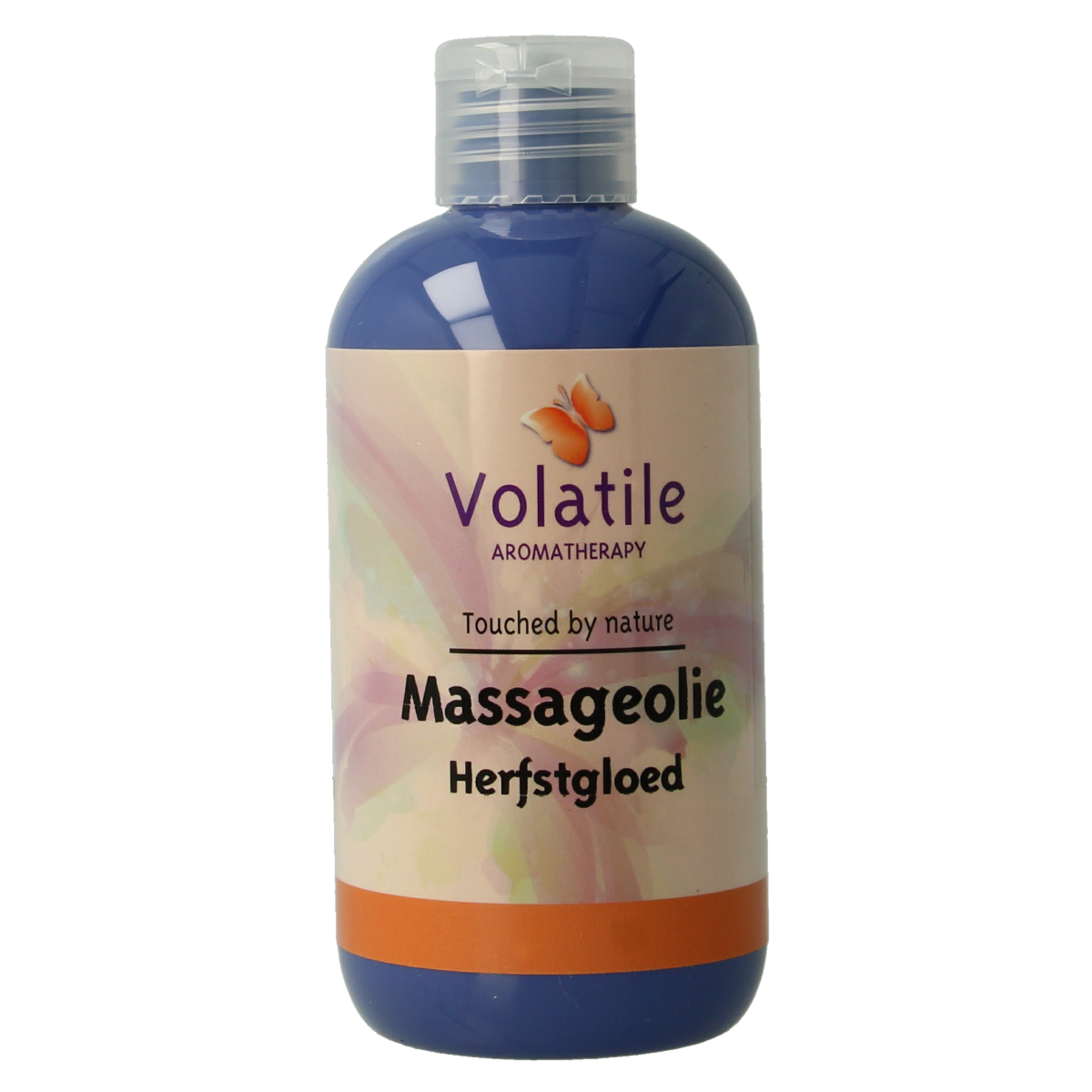 Volatile herfstgloed massageolie in 250ml bottle, natural body care product with warm amber and autumnal scent.