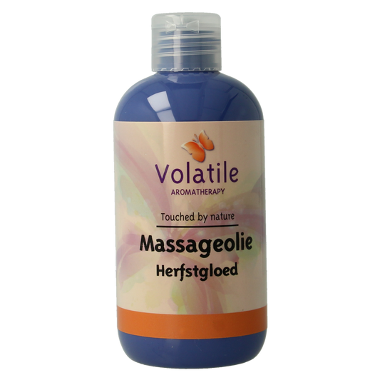 Volatile herfstgloed massageolie in 250ml bottle, natural body care product with warm amber and autumnal scent.