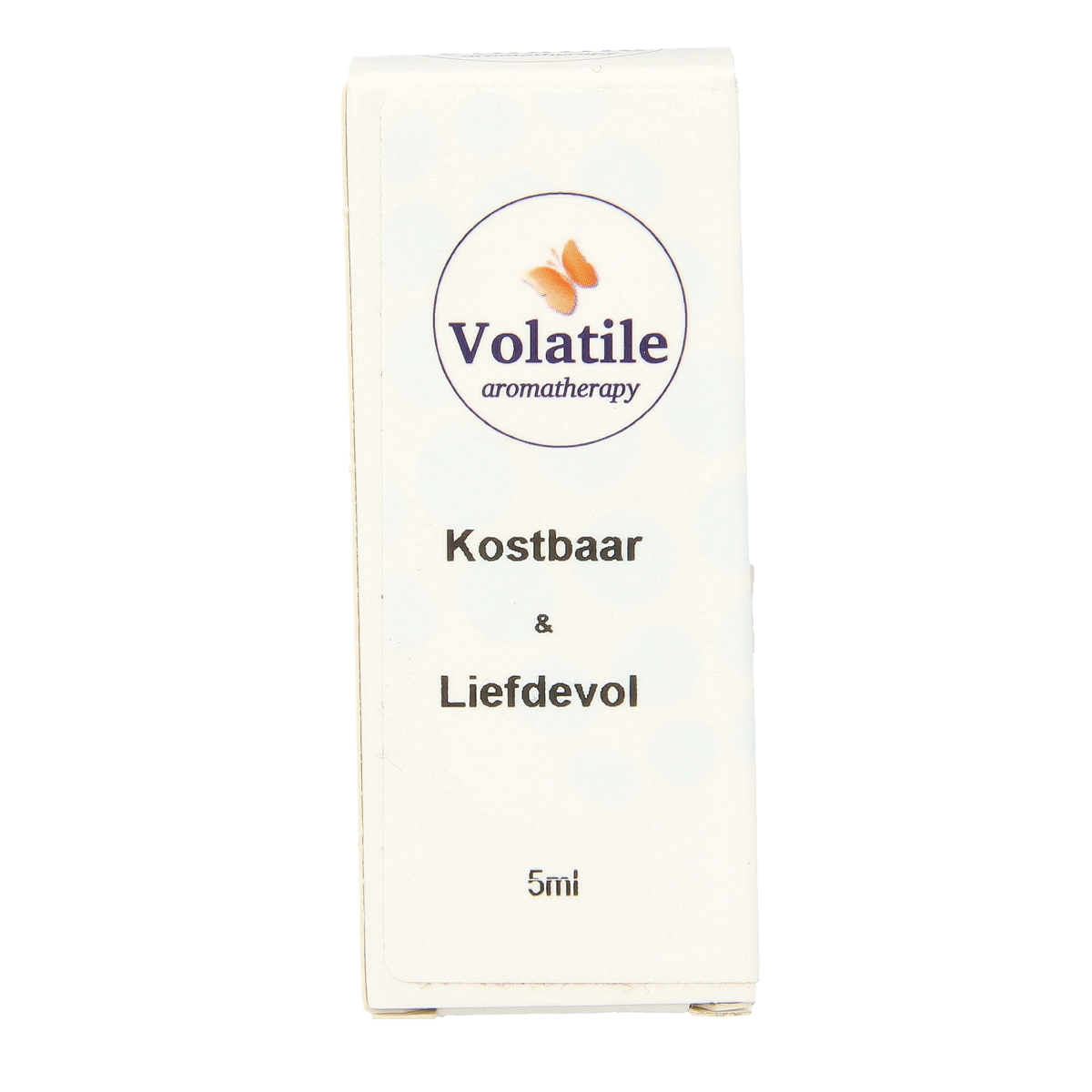 Volatile love and precious 5ml essential oil in glass bottle, featuring the brand's label and clear liquid inside.