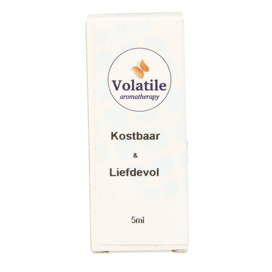 Volatile love and precious 5ml essential oil in glass bottle, featuring the brand's label and clear liquid inside.