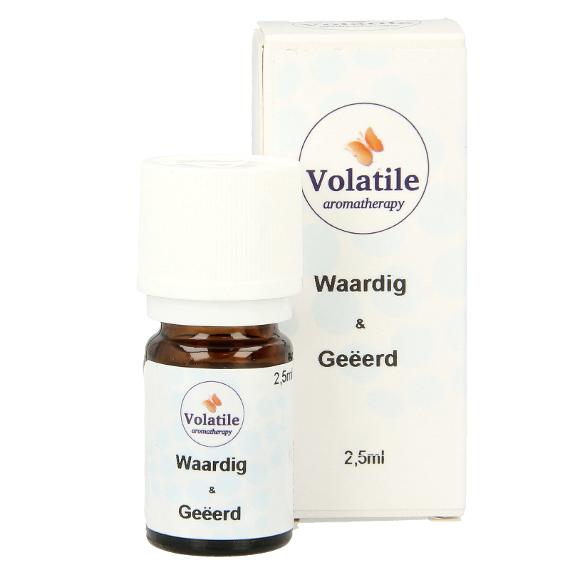 Volatile Etherische olie Waardig & Geeerd 2.50 ml in een glazen fles met pipet voor aromatherapie en wellness.