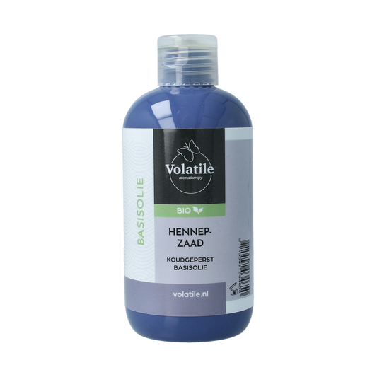 Volatile koud geperste hennepzaadolie in 250ml fles, ideaal voor lichaamsverzorging, met groene hennepzaad en olieflacon.