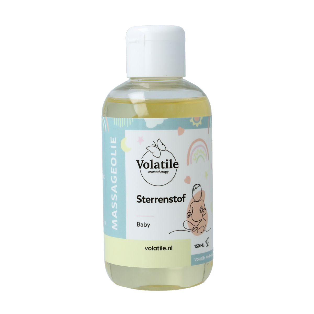 Volatile baby sterrenstof massageolie bottle with gentle scent, 150ml, in a clear container with a white cap, suited for soothing massages.