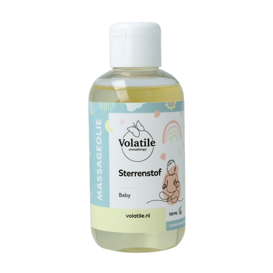 Volatile baby sterrenstof massageolie bottle with gentle scent, 150ml, in a clear container with a white cap, suited for soothing massages.