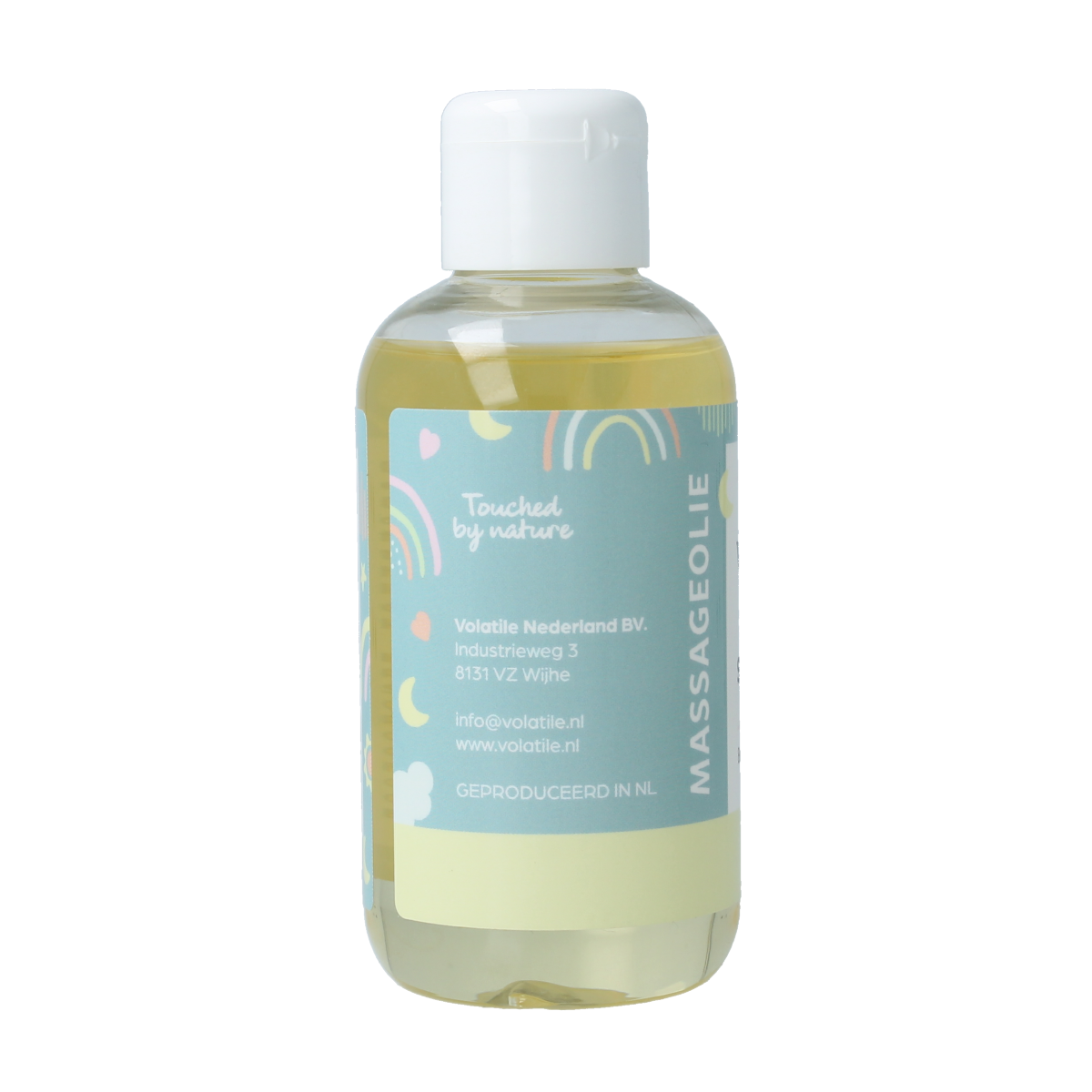 Volatile baby sterrenstof massageolie 150ml with calming scent, displayed in a clear bottle with a white cap.
