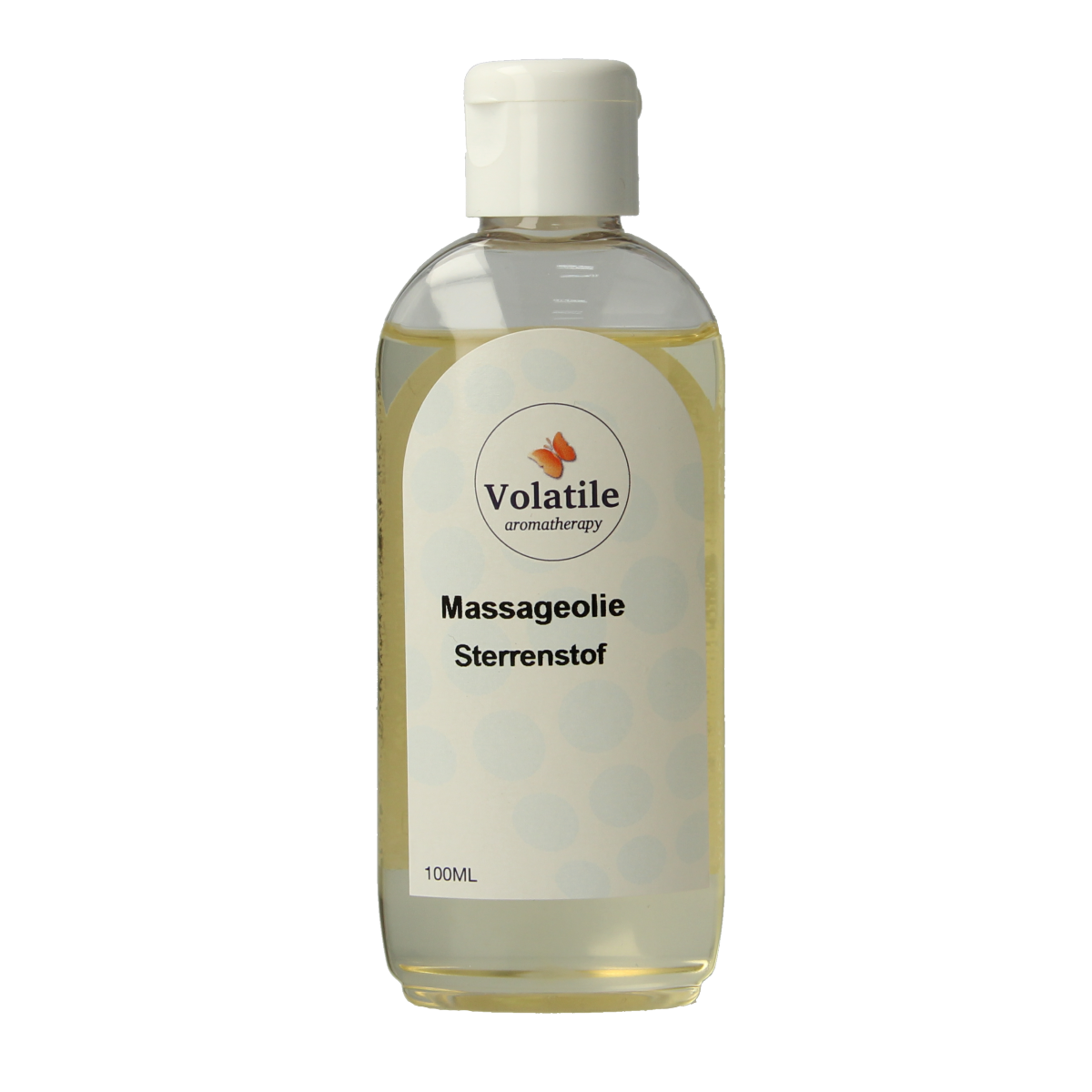 Volatile sterrenstof massageolie in 100ml bottle, body care product with celestial-inspired design and soothing scent.