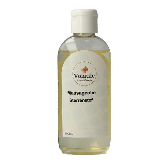 Volatile sterrenstof massageolie in 100ml bottle, body care product with celestial-inspired design and soothing scent.