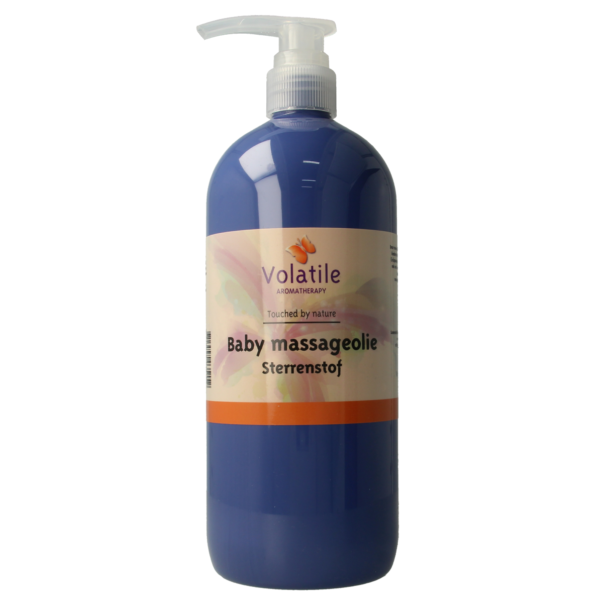 Volatile baby sterrenstof massageolie in 1 liter bottle, soothing body care product with star-shaped glitter for infants.