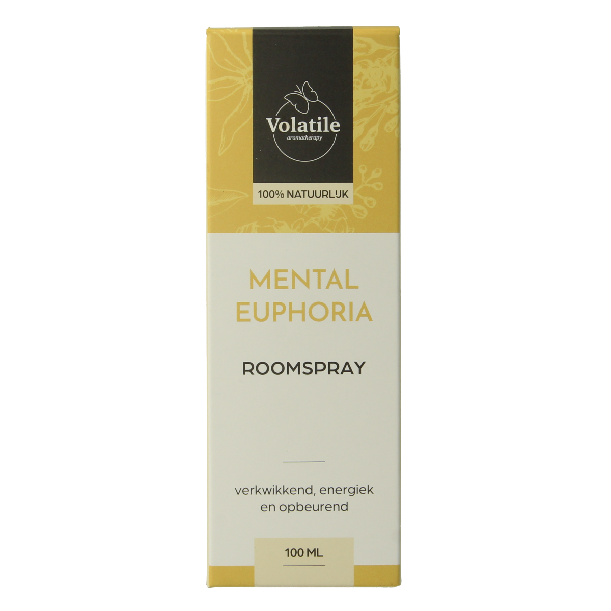 Volatile mental euphoria room spray in 100ml bottle, a geurverspreider with a sleek design and vibrant label.