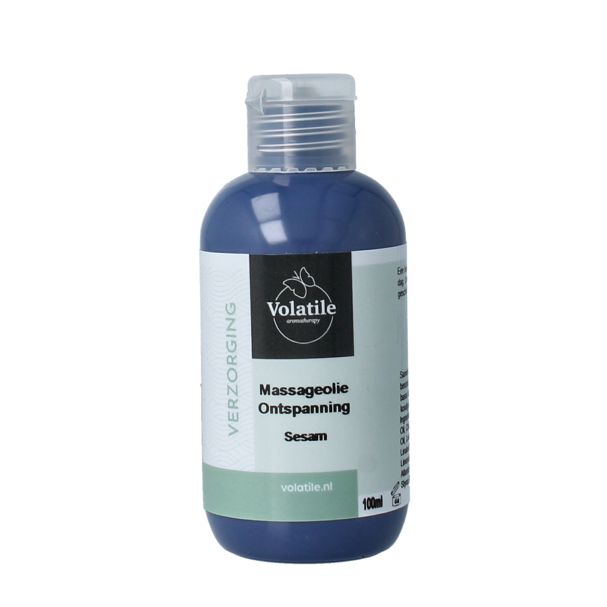 Volatile sesam massage oil bottle for relaxation, 100ml, in a clear container with a white label, suitable for body care.