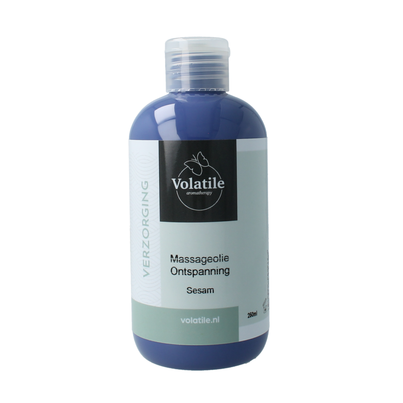 Volatile sesam massage oil bottle for relaxation, 250ml, in a clear container with a minimalist label and a natural background.