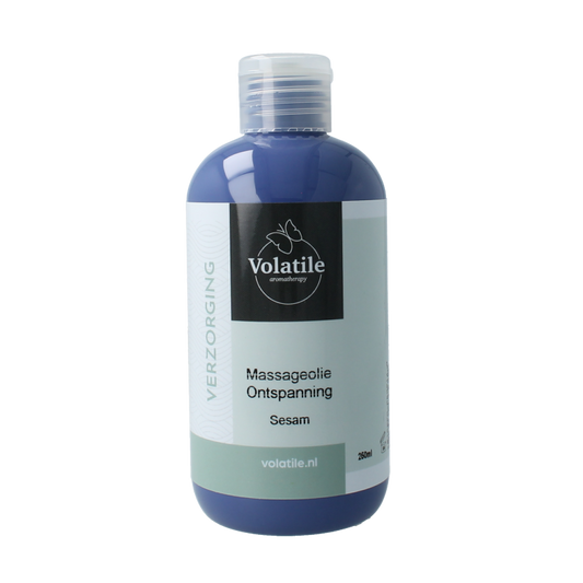 Volatile sesam massage oil bottle for relaxation, 250ml, in a clear container with a minimalist label and a natural background.