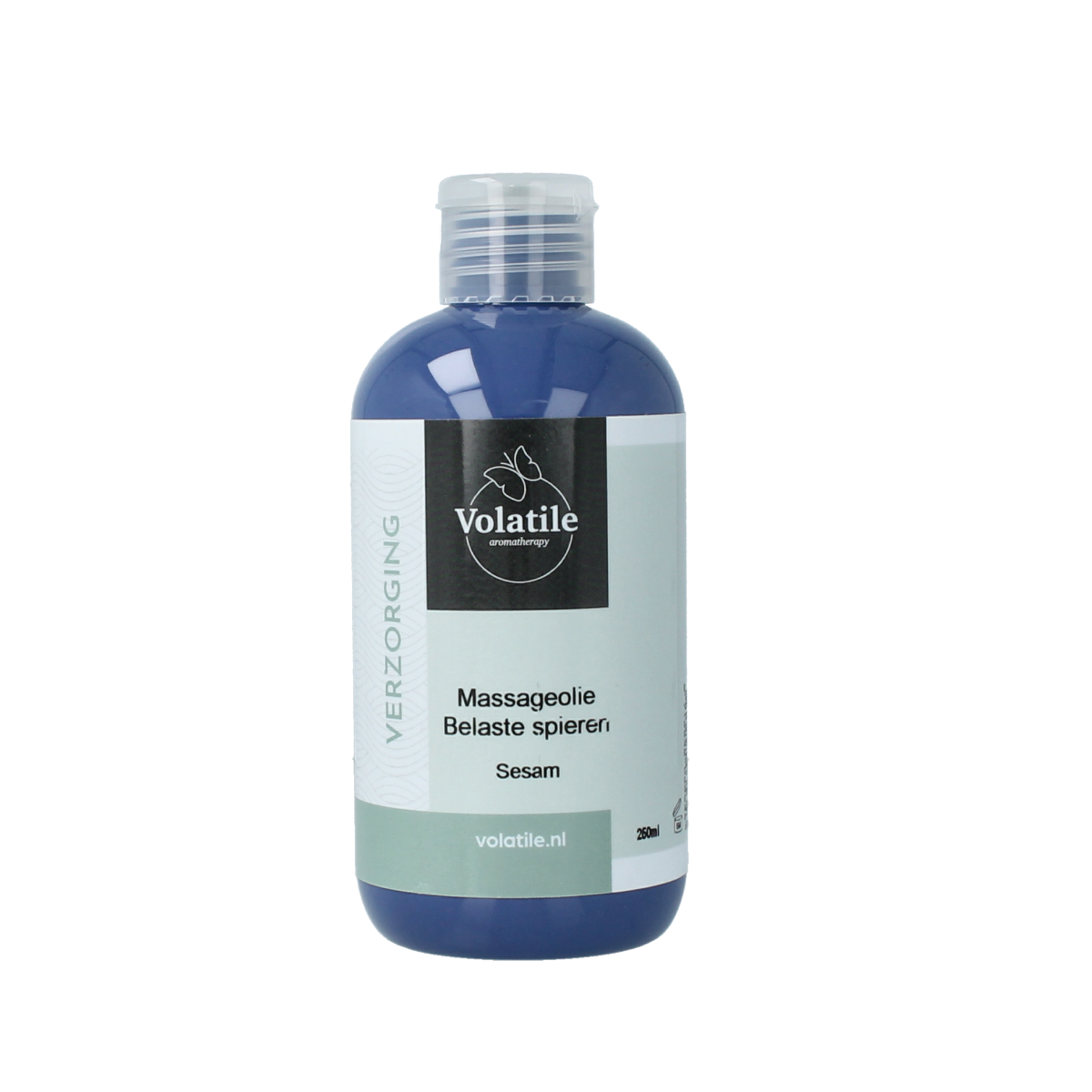 Volatile sesam massage oil for muscle relief, 250ml, natural body care product with soothing, lightweight oil texture.