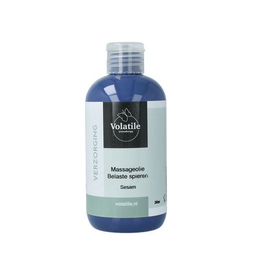 Volatile sesam massage oil for muscle relief, 250ml, natural body care product with soothing, lightweight oil texture.