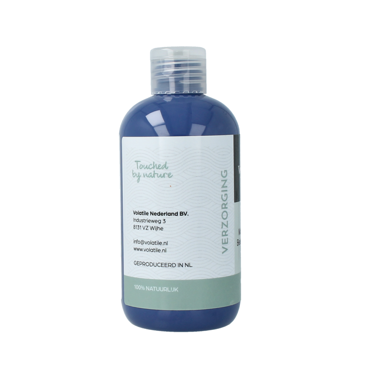 Volatile sesam massage oil for sore muscles, 250ml, body care product with a bottle showing label and cap.