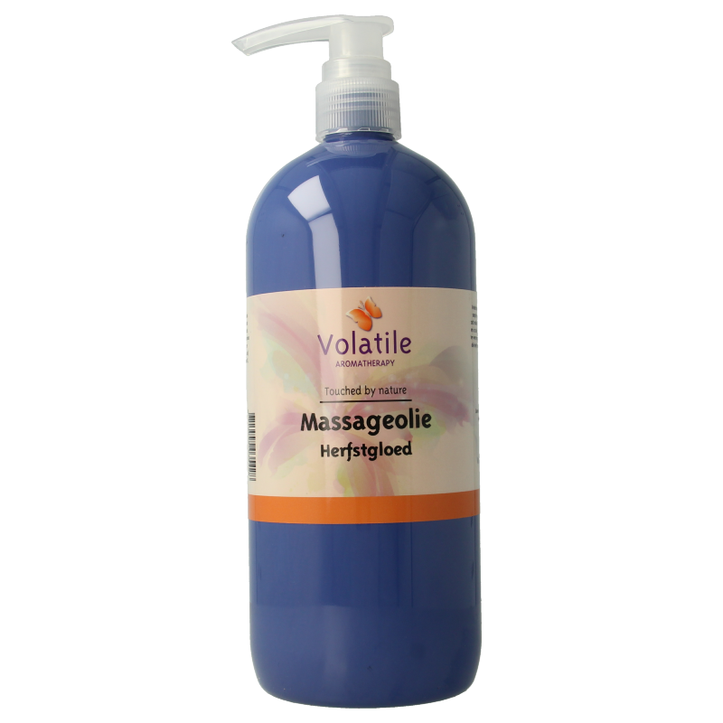 Volatile herfstgloed massageolie in 1 liter bottle, body care product with warm, autumn-inspired scent and natural ingredients.
