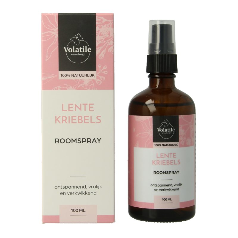Volatile Roomspray Lentekriebels aromatherapy bottle, 100ml, with a sleek design and natural scent for home freshness.