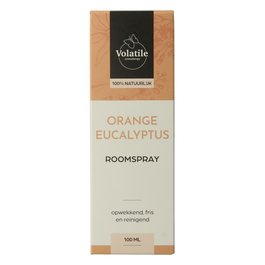 Volatile orange eucalyptus room spray in a 100ml bottle, designed for use as a geurverspreider to freshen indoor spaces.