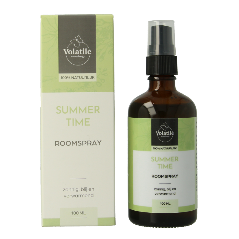 Volatile Roomspray Summertime aromatherapy bottle, 100ml, with a vibrant floral design and a spray nozzle for freshening indoor air.