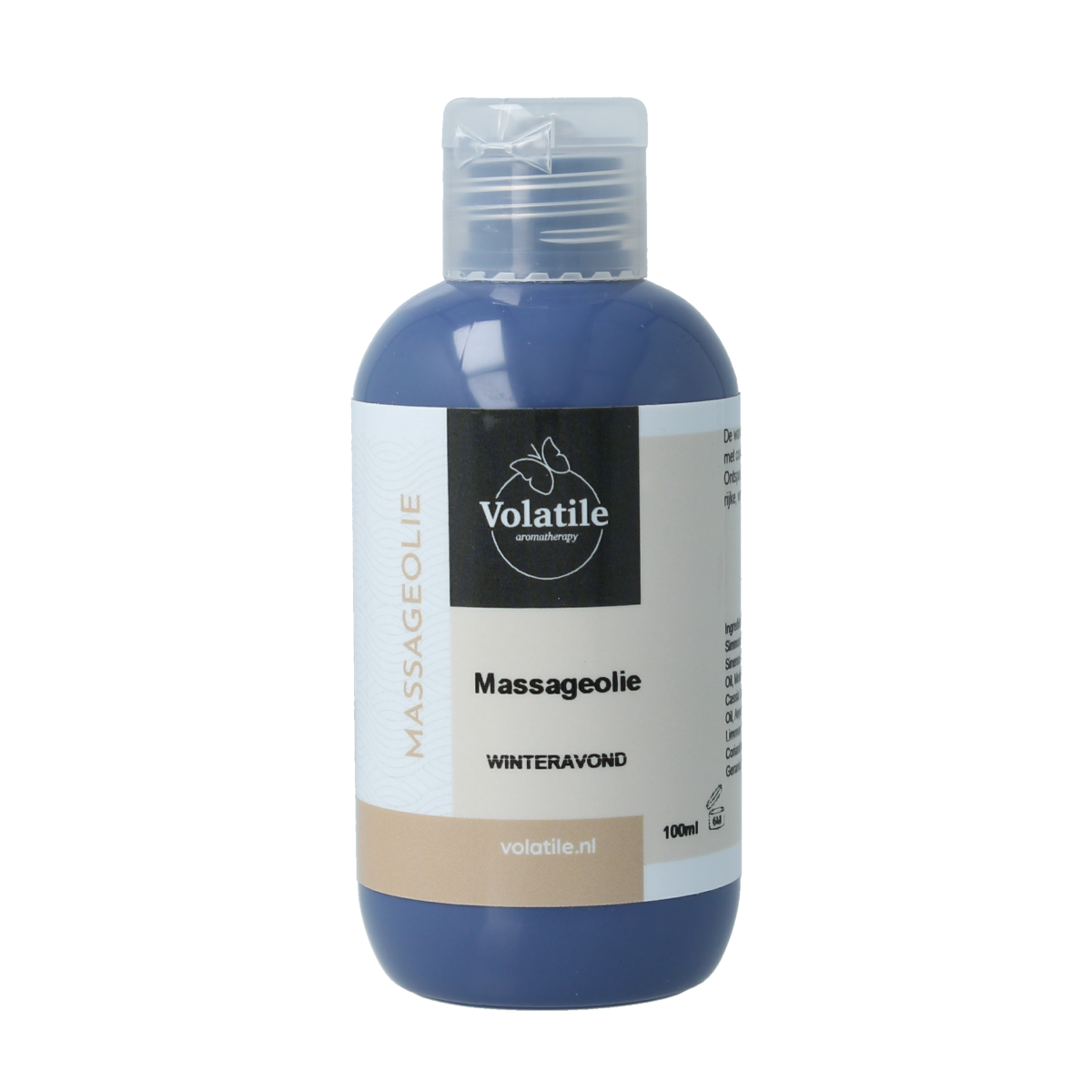 Volatile winter evening massage oil in a 100ml bottle, natural body care product for soothing massage sessions.