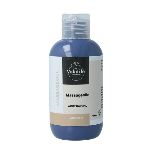 Volatile winter evening massage oil in a 100ml bottle, natural body care product for soothing massage sessions.