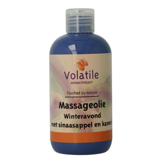Volatile winter evening massage oil in a 250ml bottle, used for body care and relaxation.
