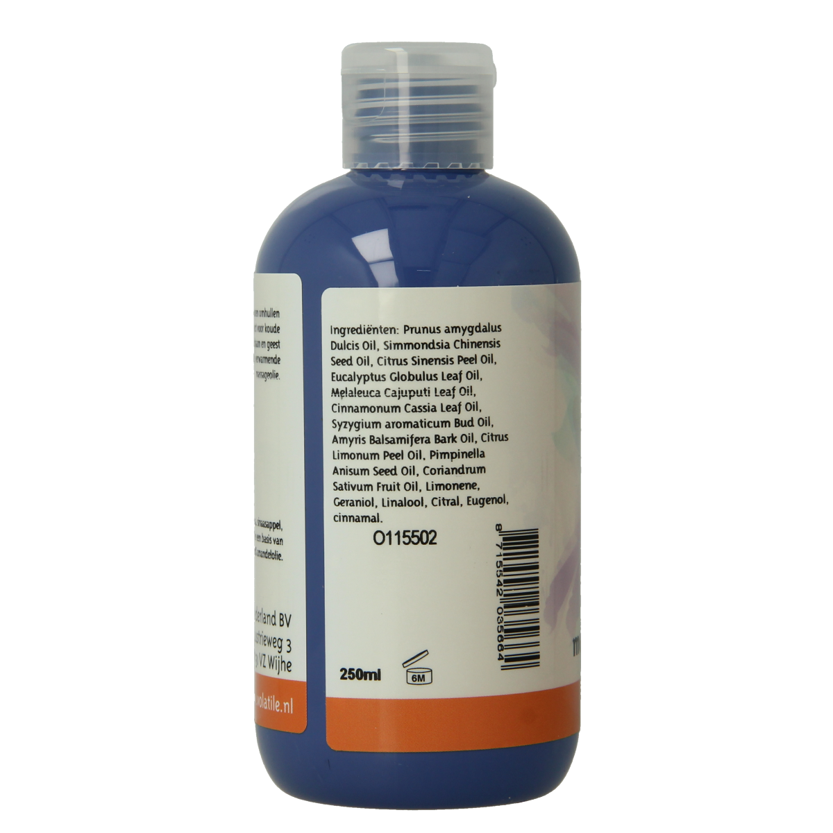 Volatile winter evening massage oil in a 250ml bottle, body care product with a sleek label, designed for relaxing massages.