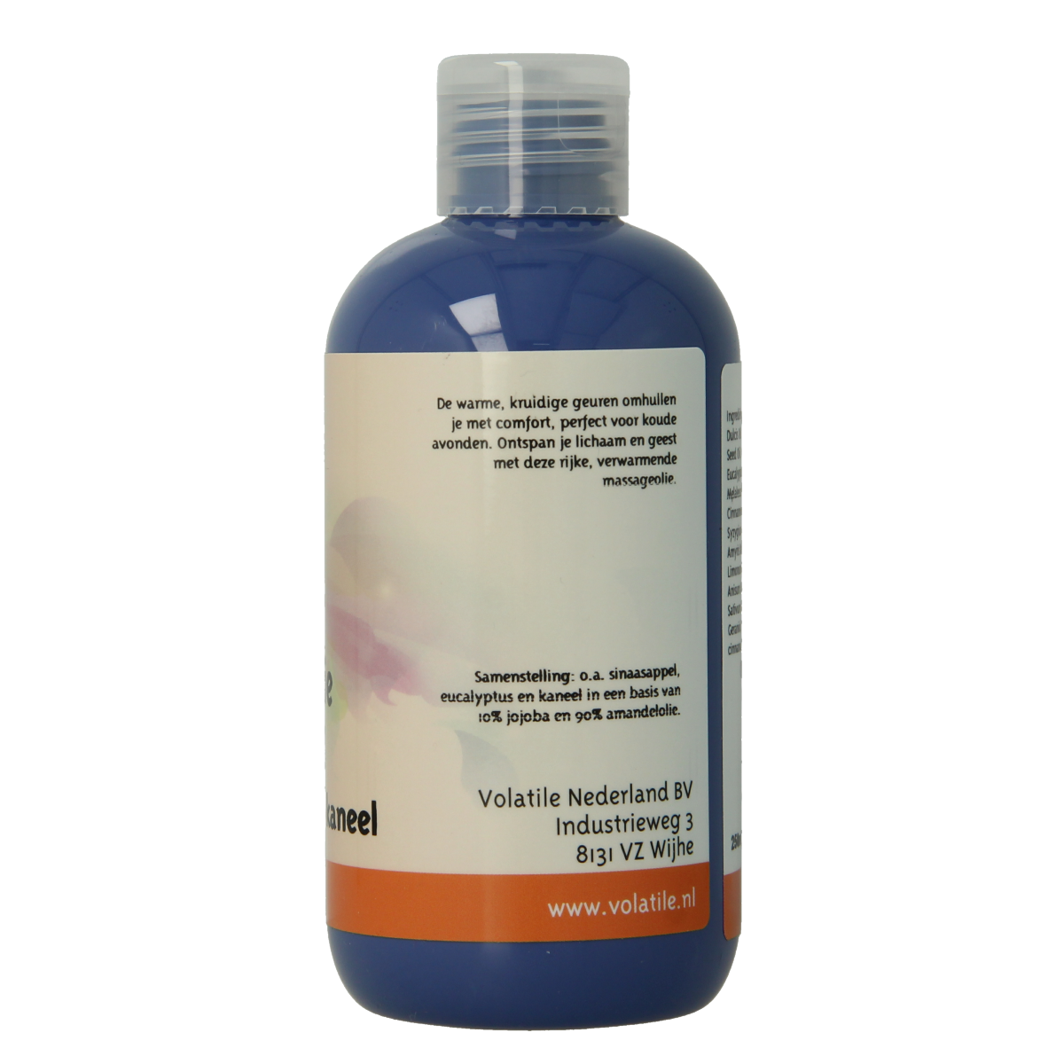 Volatile winter evening massage oil in 250ml bottle, body care product with a dark-colored label and a pump dispenser.