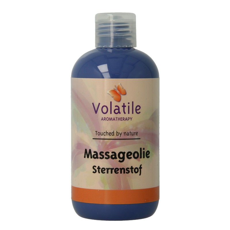 Volatile sterrenstof massageolie in 250ml bottle, body care product with star-shaped shimmer particles visible in the image.