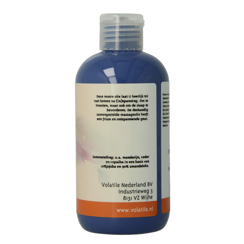 Volatile sterrenstof massageolie 250ml bottle, natural body care product with star-like shimmer in clear plastic bottle.