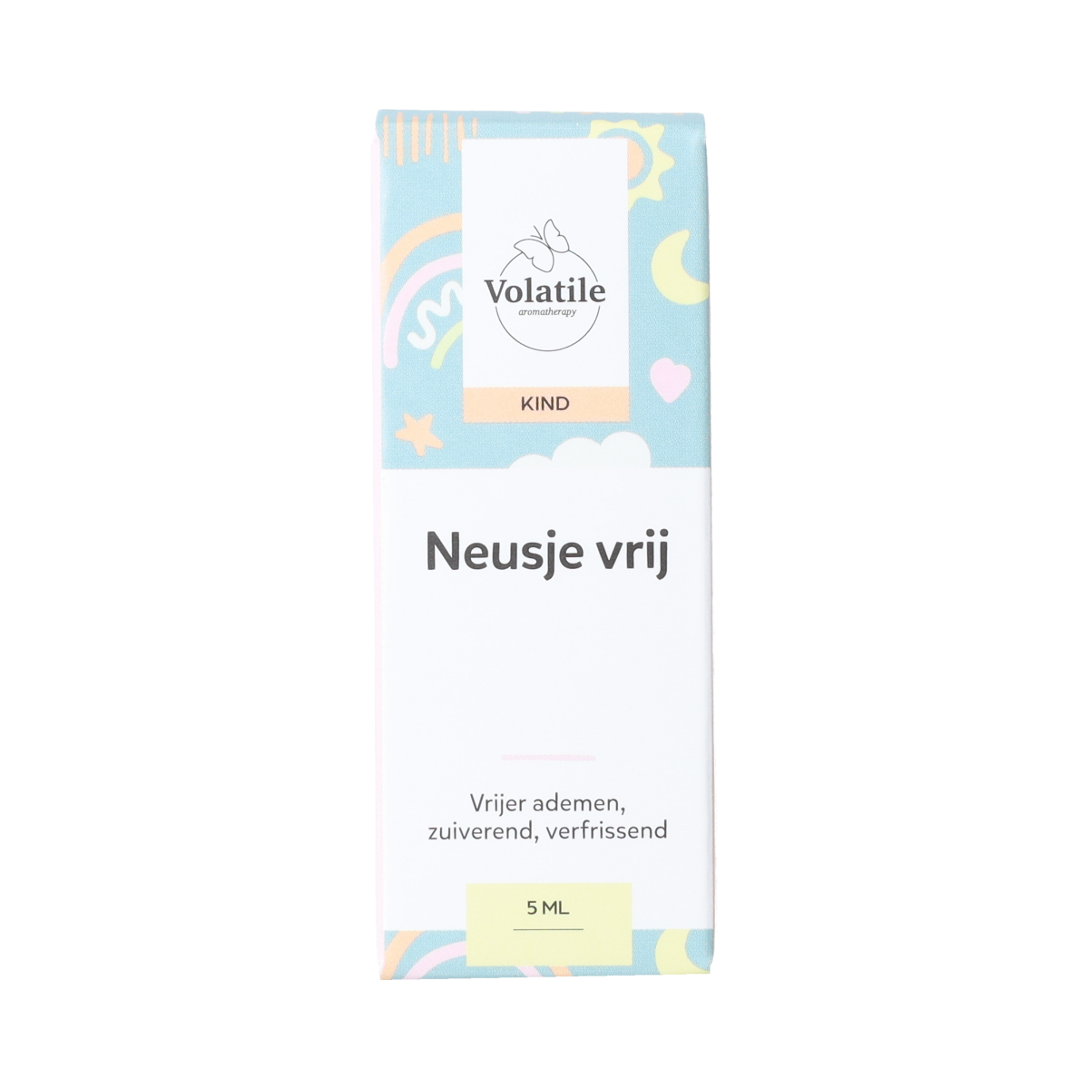 Volatile Neusje vrij 5ml bottle of essential oil, clear glass container with white cap, on a plain background