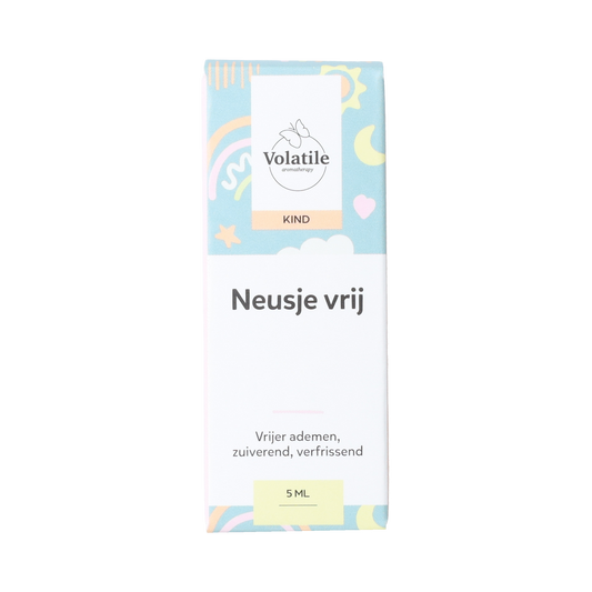 Volatile Neusje vrij 5ml bottle of essential oil, clear glass container with white cap, on a plain background